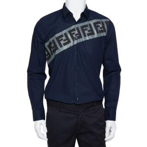 Fendi Navy Blue Cotton Diagonal Logo Printed Button Front Shirt M