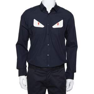 Fendi Navy Blue Cotton Monster Eye Applique Detail Button Front Shirt L