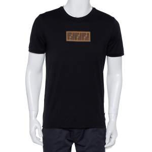Fendi Black Cotton Logo Embroidered Crewneck T-Shirt L