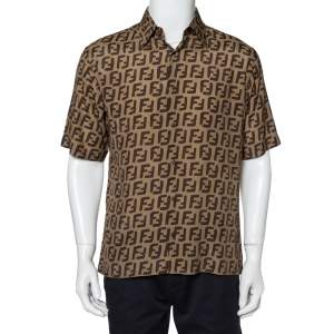 Fendi Brown Silk All Over Logo Printed Short Sleeve Shirt M