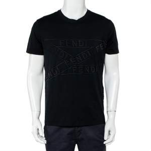 Fendi Black Cotton Logo Detail Crewneck T-Shirt XL