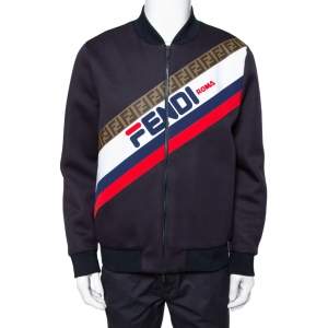 Fendi Midnight Blue Neoprene Logo Printed Bomber Jacket L