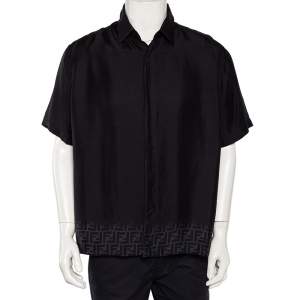 Fendi Black Silk Logo Printed Hem Detail Short Sleeve Shirt XL