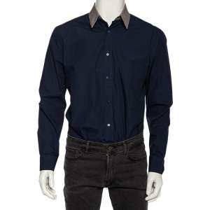 Fendi Navy Blue Cotton Zucca Monogram Collar Detail Shirt XL