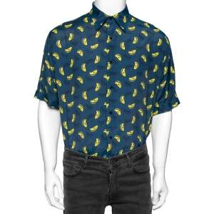 Fendi Blue Synthetic Banana Printed Button Front Bowling Shirt XL