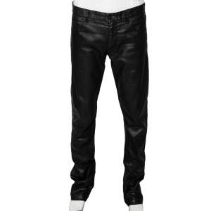 Fendi Black Leather Coated Denim Jeans XL 
