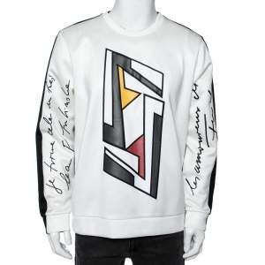 Fendi White Knit Futuristic FF Motif Crew Neck Long Sleeve Sweatshirt L