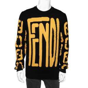 Fendi Black & Yellow Logo Intarsia Knit Wool Sweater L