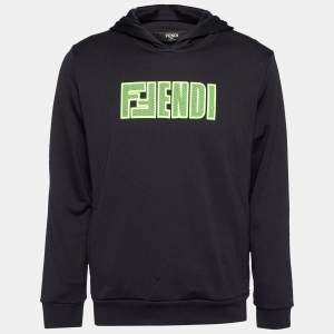 Fendi Black Rib Knit Logo Applique Hoodie L