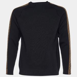 Fendi Black Wool Knit Zucca Detail Crew Neck Jumper M