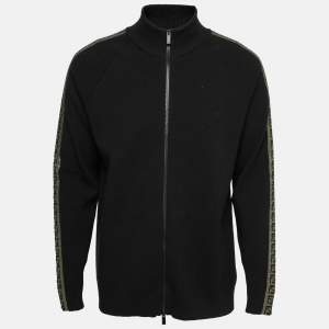 Fendi Black Wool Zucca Trimmed Long Sleeve Zip Front Jacket XXL
