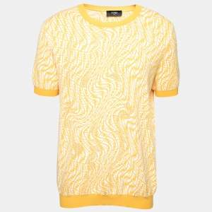 Fendi Yellow FF Vertigo Motif Pointelle Knit Short Sleeve Jumper XXL 