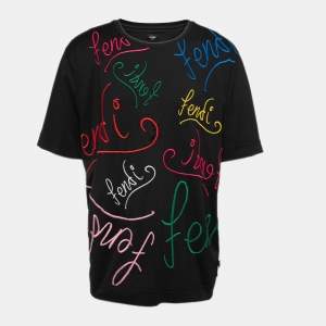 Fendi Black Cotton Logo Embroidered T-Shirt 2XL