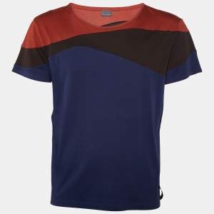 Fendi Navy Blue Color Block Cotton Crew Neck T-Shirt L