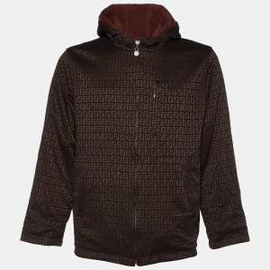 Fendi Jeans Vintage Brown Monogram Jacquard & Fleece Reversible Hooded Jacket XL