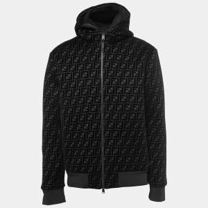 Fendi Black Logo Monogram velour Knit Hooded Sweatshirt XL