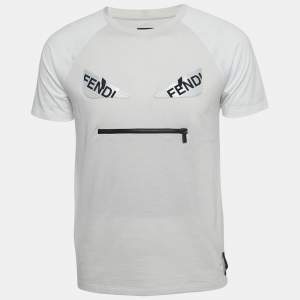 Fendi Grey/White Cotton Logo Patch Crew Neck T-Shirt S