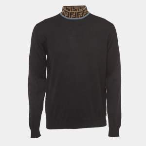 Fendi Black Wool Logo Collar Detail Jumper L