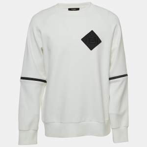 Fendi White Cotton Logo Patch Zipper Sleeve Detail Round Neck Sweater L