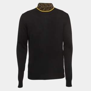 Fendi Black Logo Motif Wool Turtle Neck Pullover L