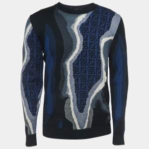Fendi Blue Earth Intarsia Cotton Knit Crew Neck Sweatshirt L