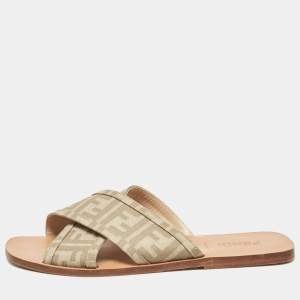 Fendi Beige FF Canvas Crisscross Flat Slides Size 43