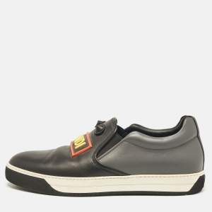 Fendi Black/Grey Leather Vocabulary Face Leather  Detail Slip On Sneakers Size 44
