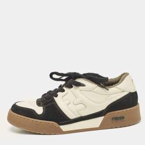 Fendi Cream/Black Leather And Suede Match Lace Up Sneakers Size 38