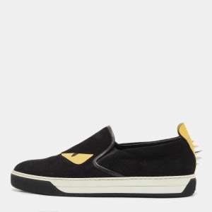 Fendi Black Suede and Leather Monster Eyes Slip On Sneakers Size 42