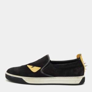 Pre Owned Fendi Black Leather and Suede Monster Low Top Sneakers Size 43