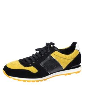 Fendi Black Leather/Suede and Yellow Tweed FF Logo Band Lace Up Sneakers Size 43.5