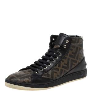 Fendi Black/Brown Zucca Coated Canvas And Leather Wimbledon High Top Sneakers Size 41