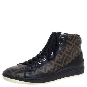 Fendi Brown/Black Zucca Coated Canvas And Leather Wimbledon High Top Sneakers Size 43