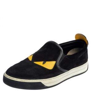 Fendi Black/Yellow Suede And Leather Monster Eye Slip On Sneakers Size 42