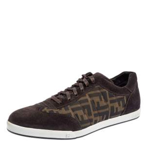 Fendi Brown Suede And Zucca Canvas Low Top Sneakers Size 43.5