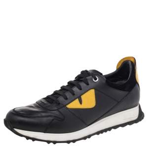 Fendi Black/Yellow Leather and Suede Bag Bugs Low Top Sneakers Size 42