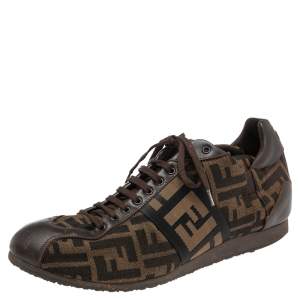 Fendi Tobacco Zucca Canvas And Leather Logo Lace Up Sneakers Size 42.5