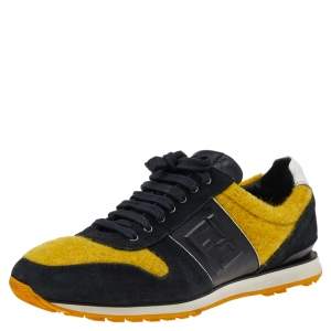 Fendi Black/Yellow Leather And Tweed FF Logo Band Lace up Sneakers Size 41.5