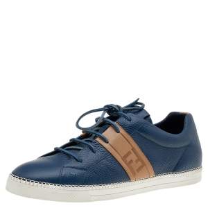 Fendi Blue/Brown Leather FF Logo Band Low Top Sneakers Size 44