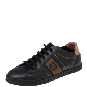 Fendi Black/Brown Leather FF Embroidered  Low Top Sneakers 44