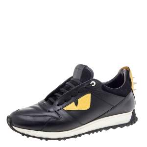 Fendi Black/Yellow Leather and Suede Monster Eye Studded Low Top Sneakers Size 42