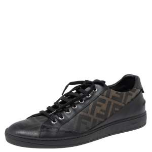 Fendi Black/Green  FF Canvas And Leather Low Top Sneakers Size 44