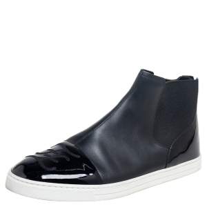 Fendi Black Leather And Patent Cap Toe  Lace Up High Top Sneakers Size 42