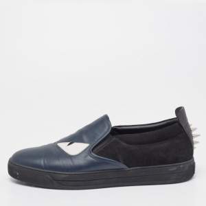 Fendi Navy Blue/Black Leather and Suede Monster Eye Slip-On Sneakers Size 44