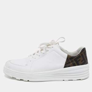 Fendi White/Brown Zucca Coated Canvas And Leather Low Top Sneakers Size 42