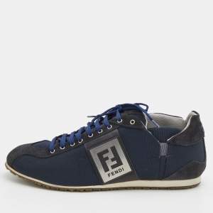 Fendi Navy Blue/Black Suede And Fabric FF Logo Band Low Top Sneakers Size 41