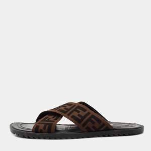 Fendi Brown/Black Zucca Canvas Crisscross Slide Sandals Size 46