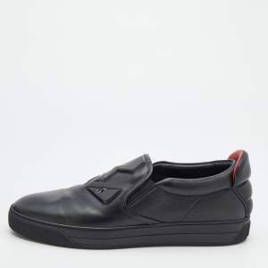 Fendi Black Leather Monster 3D Eyes Slip On Sneakers Size 44