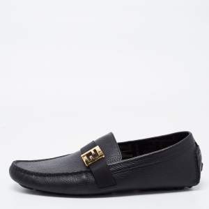 Pre Owned Fendi Black Leather FF Slip On Loafers Size 43 