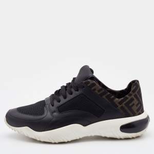 Fendi Black/Brown Leather and Zucca Fabric Low Top Sneakers Size 42
